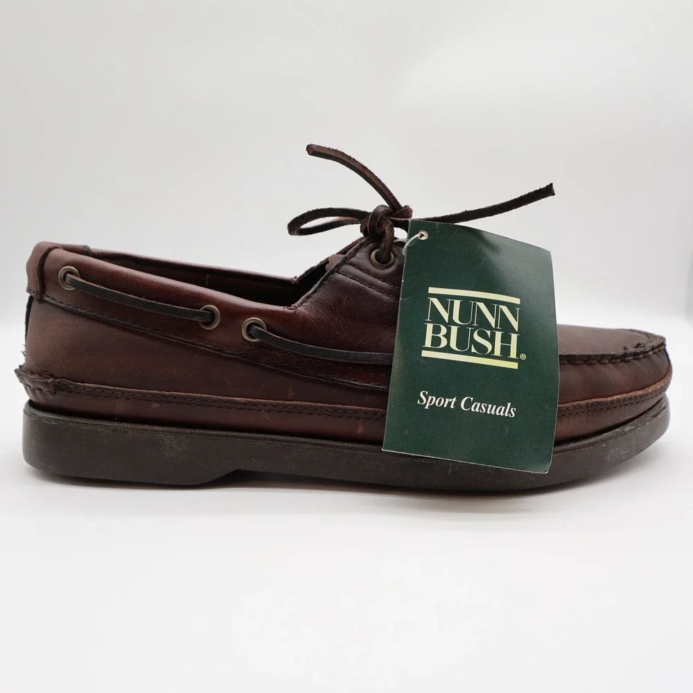 Nunn Bush Boat Shoes Mens 8 Brown Leather Vintage 90s New Old Stock Casuals